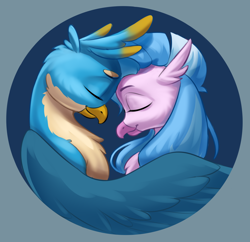 Size: 2022x1956 | Tagged: safe, artist:kittytitikitty, imported from derpibooru, gallus, silverstream, griffon, hippogriff, beak, beautiful, duo, female, gallstream, male, shipping, smiling, straight