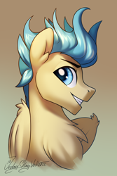 Size: 2000x3000 | Tagged: safe, artist:jedayskayvoker, imported from derpibooru, oc, oc only, oc:maverick blast, pegasus, pony, bust, chest fluff, colored pupils, ear fluff, eyebrows, feathered wings, folded wings, gradient background, grin, icon, looking at you, male, patreon, patreon reward, pegasus oc, portrait, smiling, smiling at you, solo, stallion, wings