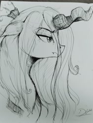 Size: 1551x2048 | Tagged: safe, artist:thelunarmoon, imported from derpibooru, queen chrysalis, changeling, changeling queen, bust, crown, female, jewelry, lidded eyes, monochrome, regalia, solo, traditional art