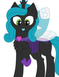 Size: 1700x2194 | Tagged: safe, artist:fliegerfausttop47, artist:theunidentifiedchangeling, imported from derpibooru, queen chrysalis, changeling, changeling queen, chest fluff, crown, cute, cute little fangs, digital art, ear fluff, fangs, female, jewelry, looking at something, mirror universe, raised hoof, regalia, reversalis, simple background, smiling, solo, spread wings, transparent background, transparent wings, wings