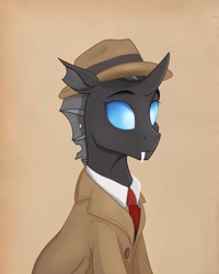 Size: 1798x2250 | Tagged: safe, artist:rutkotka, imported from derpibooru, oc, oc:closed case, changeling, clothes, coat, commission, hat, necktie, shirt, simple background, solo