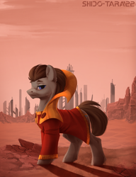 Size: 1769x2300 | Tagged: safe, artist:shido-tara, imported from derpibooru, doctor whooves, time turner, earth pony, city, clothes, crossover, doctor who, gallifreyan, looking at you, science fiction, standing, the doctor