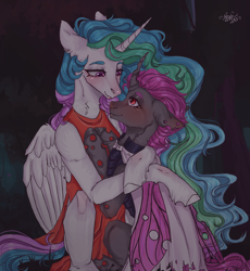 Size: 1820x1980 | Tagged: artist needed, source needed, safe, imported from derpibooru, princess celestia, oc, oc:king dorigan, alicorn, changeling, pony, canon x oc, changeling king, changeling oc, duo, female, forest, hug, love, male, night, purple changeling, straight