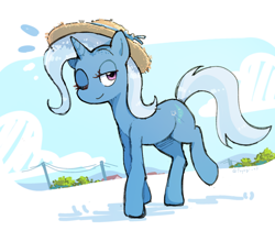 Size: 2328x2044 | Tagged: safe, artist:fuyugi, imported from derpibooru, trixie, pony, unicorn, female, hat, horn, looking at you, mare, one eye closed, raised leg, simple background, solo, straw hat, white background