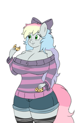 Size: 349x554 | Tagged: safe, artist:ljcaffie, imported from derpibooru, oc, oc only, oc:blazey sketch, anthro, big breasts, bow, breasts, cleavage, clothes, cookie, food, furry, green eyes, hair bow, long hair, multicolored hair, off shoulder, off shoulder sweater, shorts, simple background, smiling, socks, solo, sweater, thigh highs, white background, wide hips