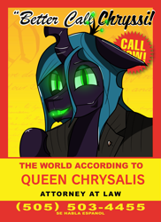 Size: 1561x2149 | Tagged: safe, artist:str8aura-draws-horses-and-stuff, imported from derpibooru, queen chrysalis, advertisement, better call saul, breaking bad, clothes, crossover, glowing, glowing eyes, glowing mouth, lawyer, parody, poster, suit