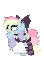 Size: 975x1355 | Tagged: safe, artist:blazyplazy, imported from derpibooru, oc, oc only, oc:blazey sketch, pegasus, bow, bracelet, choker, clothes, goth, gray coat, green eyes, hair bow, jewelry, makeup, messy mane, multicolored hair, simple background, socks, solo, striped socks, tongue out, vest, white background