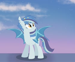 Size: 1554x1300 | Tagged: safe, artist:owlity, imported from derpibooru, oc, oc only, oc:star struck, bat pony, pony, bat pony oc, female, looking up, night, night sky, sky, smiling, solo, spread wings, wings