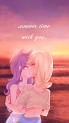 Size: 947x1692 | Tagged: safe, artist:5n2kumjf8jcwc7l, imported from derpibooru, applejack, rarity, human, applejack's hat, clothes, cowboy hat, duo, duo female, eyes closed, female, hat, humanized, kissing, lesbian, rarijack, shipping, text