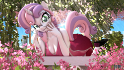 Size: 1920x1080 | Tagged: safe, artist:anthroponiessfm, imported from derpibooru, sweetie belle, anthro, plantigrade anthro, unicorn, 3d, breasts, bush, cleavage, clothes, cute, dress, female, flower, glasses, implied tail hole, looking at you, mare, older, older sweetie belle, plants, round glasses, shoes, smiling, solo, source filmmaker, sweetie belle is a marshmallow too, tail, the pose