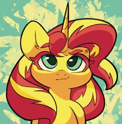 Size: 1672x1697 | Tagged: safe, artist:dodsie, imported from derpibooru, sunset shimmer, pony, unicorn, equestria girls, abstract background, bust, female, horn, mare, portrait, solo