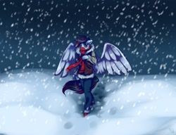 Size: 2560x1966 | Tagged: safe, artist:homa-nix, imported from derpibooru, oc, oc only, anthro, pegasus, unguligrade anthro, snow, snowfall, solo