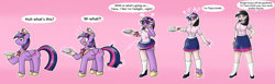 Size: 5200x1600 | Tagged: safe, artist:quickcast, imported from derpibooru, twilight sparkle, alicorn, human, pony, clothes, commission, glasses, human coloration, humanized, mental shift, natural hair color, pony to human, shoes, skirt, tablet, teacher, transformation, transformation sequence, twilight sparkle (alicorn)