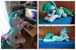 Size: 3264x2180 | Tagged: safe, artist:epicrainbowcrafts, imported from derpibooru, spring melody, sprinkle medley, pegasus, pony, bed, bedroom eyes, bow, clothes, computer, irl, life size, lying down, photo, plushie, prone, sitting, socks, solo, striped socks, tail, tail bow, wings