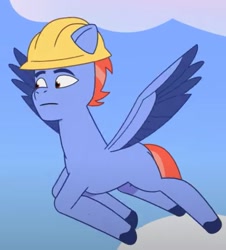 Size: 497x550 | Tagged: safe, imported from derpibooru, screencap, pegasus, pony, spoiler:g5, spoiler:my little pony: tell your tale, spoiler:tyts01e20, clothes, cropped, flying, g5, hard hat, hat, male, my little pony: tell your tale, one trick pony (episode), philly, solo, stallion