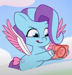 Size: 657x683 | Tagged: safe, imported from derpibooru, screencap, pegasus, pony, spoiler:g5, spoiler:my little pony: tell your tale, spoiler:tyts01e20, bow, cellphone, cloud, colored wings, cropped, female, filly, flying, foal, g5, glory (g5), my little pony: tell your tale, narrowed eyes, one trick pony (episode), phone, raised eyebrow, smartphone, smiling, solo, tail, tail bow, tongue out, two toned wings, wings