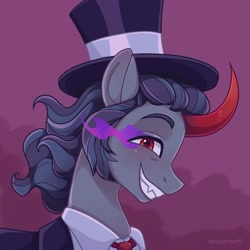 Size: 1806x1807 | Tagged: safe, artist:skysorbett, imported from derpibooru, king sombra, pony, unicorn, alternate hairstyle, clothes, colored horn, commission, curved horn, fangs, grin, hat, horn, male, necktie, shirt, smiling, solo, sombra eyes, sombra horn, stallion, suit, top hat