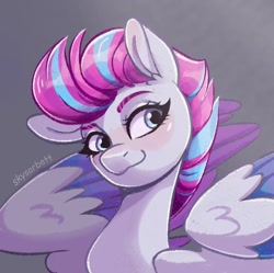 Size: 1024x1019 | Tagged: safe, artist:skysorbett, imported from derpibooru, zipp storm, pegasus, pony, :3, adorazipp, blushing, cute, female, g5, gradient background, looking at you, mare, smiling, smirk, solo, wings