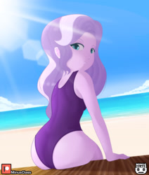 Size: 2976x3507 | Tagged: safe, alternate version, artist:minusclass, imported from derpibooru, diamond tiara, human, equestria girls, ass, beach, butt, clothes, crepuscular rays, diamond buttiara, female, high res, looking back, ocean, one-piece swimsuit, sand, solo, summer, swimsuit, water