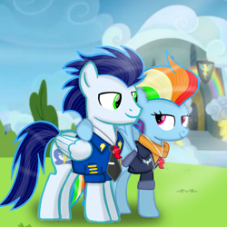 Size: 900x900 | Tagged: safe, artist:mlplary6, imported from derpibooru, rainbow dash, soarin', pegasus, pony, the last problem, bomber jacket, clothes, female, hoof on shoulder, jacket, looking at each other, looking at someone, male, mare, older, older rainbow dash, older soarin', rainbow dashs coaching whistle, shipping, smiling, smiling at each other, soarindash, stallion, straight, uniform, whistle, whistle necklace, wonderbolts dress uniform