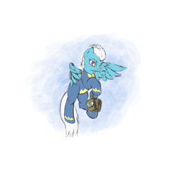 Size: 1000x1000 | Tagged: safe, artist:da-exile, imported from derpibooru, fleetfoot, pegasus, pony, bag, clothes, flying, saddle bag, simple background, solo, spread wings, uniform, white background, wings, wonderbolts uniform