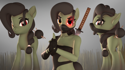 Size: 1920x1080 | Tagged: safe, artist:arrell, imported from derpibooru, oc, anthro, earth pony, pony, 3d, braid, bun, clothes, gloves, grass, katana, looking at you, mask, ninja, shinobi, showcase, source filmmaker, sword, weapon
