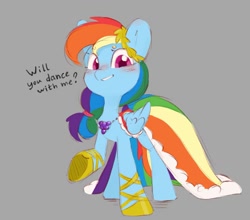 Size: 1119x985 | Tagged: safe, artist:melodylibris, imported from derpibooru, rainbow dash, pegasus, pony, blushing, bronybait, clothes, dialogue, dress, female, gala dress, gray background, looking at you, mare, rainbow dash always dresses in style, simple background, smiling, solo, talking to viewer, underhoof