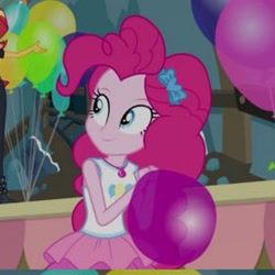 Size: 280x280 | Tagged: safe, imported from derpibooru, screencap, pinkie pie, human, all the world's off stage, equestria girls, equestria girls series, all the world's off stage: pinkie pie, balloon, blowing up balloons, bow, clothes, cute, rah rah skirt, skirt, that pony sure does love balloons