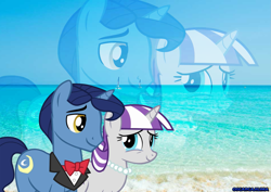 Size: 1273x900 | Tagged: safe, artist:oscarcajilima, imported from derpibooru, night light, twilight velvet, pony, unicorn, magical mystery cure, beach, bowtie, clothes, crying, female, jewelry, male, mare, necklace, nightvelvet, ocean, sailboat, shipping, stallion, straight, tears of joy, tuxedo, water, zoom layer