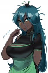 Size: 1267x1915 | Tagged: safe, artist:maren, imported from derpibooru, queen chrysalis, human, arm behind back, breasts, cleavage, dark skin, doodle, humanized, looking at you, simple background, white background