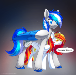 Size: 973x959 | Tagged: safe, artist:scarlet-spectrum, imported from twibooru, oc, oc only, oc:diamond sun, oc:hawker hurricane, pegasus, pony, colored wings, female, image, male, mare, png, size difference, speech bubble, stallion, wings