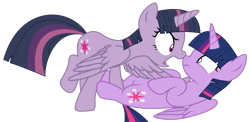 Size: 1745x849 | Tagged: safe, artist:klewgcg, artist:twilyisbestpone, imported from derpibooru, mean twilight sparkle, twilight sparkle, alicorn, pony, angry, base used, clone, duality, duo, duo female, evil, female, mare, nose wrinkle, pinned, scared, self paradox, self ponidox, simple background, transparent background, twilight sparkle (alicorn), wide eyes, wings