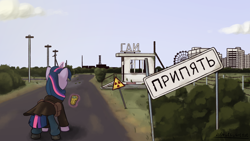 Size: 3840x2160 | Tagged: safe, artist:d3f4ult_4rt1st, imported from derpibooru, twilight sparkle, pony, abandoned, bag, chernobyl, clothes, ferris wheel, magic, post-apocalyptic, pripyat, s.t.a.l.k.e.r., saddle bag, sign, solo