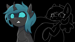 Size: 2048x1152 | Tagged: safe, artist:askhypnoswirl, imported from derpibooru, oc, oc only, changeling, ghost, ghost pony, pony, undead, bipedal, black background, darkness, duo, eye clipping through hair, fangs, female, gritted teeth, male, mare, open mouth, raised hooves, shrunken pupils, simple background, solo, soul vore, stallion, teeth, tongue out, vore