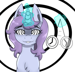 Size: 2048x1955 | Tagged: safe, artist:askhypnoswirl, imported from derpibooru, oc, oc only, pony, unicorn, chest fluff, eyebrows, eyebrows visible through hair, female, front view, hypno eyes, hypnosis, kaa eyes, lidded eyes, looking at you, magic, mare, pendulum swing, simple background, solo, swirls, swirly eyes, white background