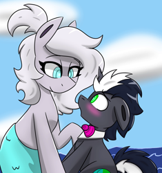 Size: 1922x2048 | Tagged: safe, artist:askhypnoswirl, imported from derpibooru, oc, oc only, oc:hypno swirl, merpony, pony, unicorn, blushing, bowtie, cloud, floppy ears, looking into each others eyes, looking up, ocean, ponytail, sitting, smiling, solo, water