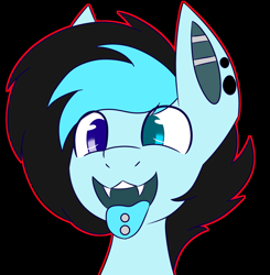 Size: 2008x2048 | Tagged: safe, artist:askhypnoswirl, imported from derpibooru, oc, oc only, pony, black background, color outline, ear piercing, eye clipping through hair, fangs, heterochromia, high res, male, open mouth, piercing, simple background, solo, stallion, tongue out, tongue piercing