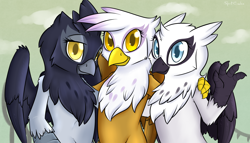 Size: 1984x1133 | Tagged: safe, alternate version, artist:spiritcookie, imported from twibooru, gilda, giselle, irma, natalya, griffon, equestria games (episode), background griffon, equestria games, female, griffon team, group photo, image, png, posing for photo, trio, vancouver 2010, vanhoover 2010, winter olympic games