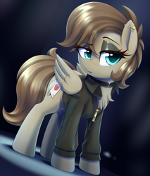 Size: 3400x4000 | Tagged: safe, artist:thebatfang, oc, oc:toffee scotch, pegasus, pony, choker, clothes, ear piercing, eyeshadow, female, jacket, jewelry, lidded eyes, looking at you, makeup, mare, piercing, solo