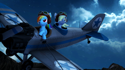 Size: 3840x2160 | Tagged: safe, artist:owlpirate, imported from derpibooru, derpy hooves, rainbow dash, pegasus, pony, 3d, 4k, aviator hat, crossed hooves, duo, female, flying, hat, high res, mare, night, open mouth, open smile, plane, smiling, smirk, source filmmaker