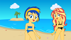 Size: 1316x735 | Tagged: safe, artist:mlpfan3991, imported from derpibooru, sunset shimmer, oc, oc:flare spark, human, equestria girls, ass, beach, bikini, butt, clothes, duo, duo female, equestria girls-ified, female, looking back, palm tree, swimsuit, tomboy, tree