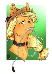 Size: 1446x2039 | Tagged: safe, artist:natt333, imported from derpibooru, applejack, earth pony, pony, bust, chains, collar, leash, looking at you, mouth hold, piercing, punk, solo