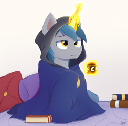 Size: 2486x2451 | Tagged: safe, artist:arcane-thunder, imported from derpibooru, oc, oc only, oc:arcane thunder, pony, unicorn, book, clothes, horn, magic, mug, pillow, solo, telekinesis, unicorn oc