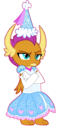 Size: 500x1065 | Tagged: safe, artist:darlycatmake, edit, imported from derpibooru, vector edit, smolder, dragon, angry, clothes, crossed arms, disappointed, dragoness, dress, dressup, female, froufrou glittery lacy outfit, glare, gloves, hat, hennin, lidded eyes, long gloves, princess smolder, simple background, smolder is not amused, solo, transparent background, unamused, unhappy, vector