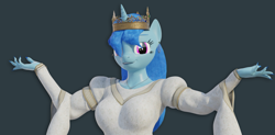 Size: 1280x630 | Tagged: safe, artist:rinny, imported from derpibooru, oc, oc:lovebrew, anthro, unicorn, 3d, blender, breasts, clothes, crown, dress, hands up, jewelry, looking at you, regalia, solo, trans female, transgender