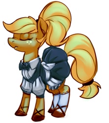 Size: 803x904 | Tagged: safe, artist:applepost67, imported from derpibooru, applejack, earth pony, pony, alternate hairstyle, clothes, colored, eyes closed, maid, maidjack, scrunchy face, shoes, simple background, socks, solo, white background