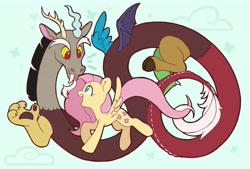 Size: 4096x2775 | Tagged: safe, artist:melodylibris, imported from derpibooru, discord, fluttershy, draconequus, pegasus, pony, cloud, duo, duo male and female, emanata, female, flying, high res, looking at each other, looking at someone, male, mare, open mouth, open smile, smiling, snaggletooth, spread wings, wings