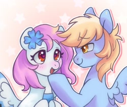 Size: 1759x1485 | Tagged: safe, artist:horseyuris, imported from derpibooru, oc, oc only, pegasus, pony, blushing, eyebrows, eyebrows visible through hair, female, flower, flower in hair, heart, heart eyes, hoof on chin, looking at each other, looking at someone, male, mare, open mouth, open smile, pegasus oc, smiling, stallion, wingding eyes