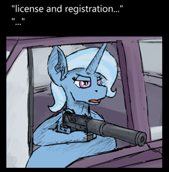 Size: 647x658 | Tagged: safe, artist:reddthebat, imported from derpibooru, trixie, pony, unicorn, car, female, gun, hoof hold, mac-10, mare, solo, suppressor, weapon