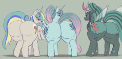 Size: 1500x734 | Tagged: safe, artist:weasselk, imported from derpibooru, king sombra, nightmare moon, queen chrysalis, oc, oc:earthing elements, oc:queen fresh care, alicorn, changeling, changeling queen, pony, butt, changeling oc, cheeselegs, commissioner:bigonionbean, crown, curved horn, cutie mark, female, flank, fusion, fusion:carrot top, fusion:cloudy quartz, fusion:derpy hooves, fusion:golden harvest, fusion:mayor mare, fusion:minuette, fusion:posey shy, fusion:twilight velvet, fusion:windy whistles, glasses, horn, insect wings, intense, intense stare, jewelry, large butt, mare, nervous sweat, plot, queen umbra, regalia, rule 63, snorting, stare down, the ass was fat, wings, writer:bigonionbean